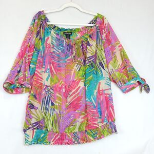 Lane Bryant Gypsy Sheer Top Women 14/16 Split 3/4 Sleeve Colorful Blouson